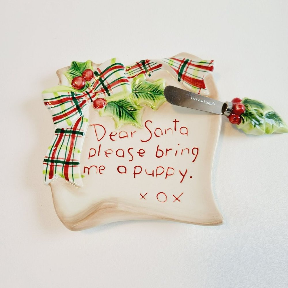 Fitz & Floyd Dear Santa Snack Plate & Spreader, 2009 Christmas Bring Me A Puppy